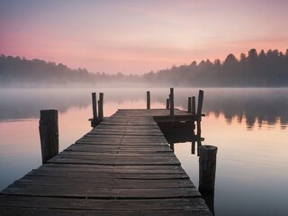 Fototapeta premium Rustic Wooden Pier Leading Into Misty Lake at Sunrise