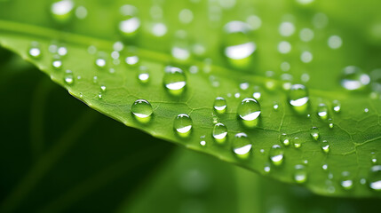 Naklejka premium macro close-up of a green leaf with water droplets and soft natural sunlight.