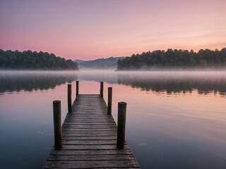Fototapeta premium Rustic Wooden Pier Leading Into Misty Lake at Sunrise