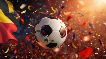 Soccer Ball Surrounded by Colorful Confetti and German Flag in Festive Atmosphere