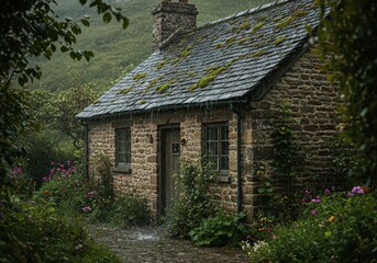 Fototapeta premium A stone cottage with a mossy roof sits in a garden during a rain shower on a cloudy day outside