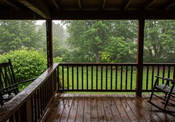View of a rainy day from a covered porch with rocking chairs and green trees in the background scene