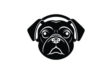 Silhouette art illustration of a pug head wearing headphones.eps