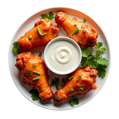 Spicy Buffalo Chicken Wings Recipe Garnish and Serving on white plate isolated on transparent background