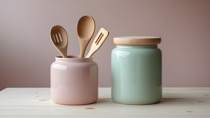 Pastel Ceramic Utensil Holder with Wooden Spoons and Matching Jar
