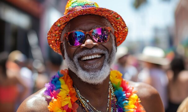 Senior black African American gay man celebrating pride festival, capturing moments of inclusion and celebration during LGBTQ+ summer parade, Generative AI - Powered by Adobe