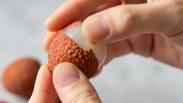 Opening a Lychee Fruit Closeup of Hand and Fruit.