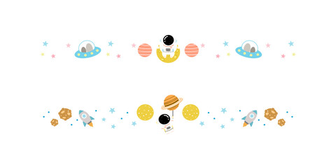 Cute Space Border Vector with Rocket, Astronaut, Planets, and Stars – Outer Space Divider Illustration