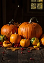 Pumpkins and Gourds Still Life on Rustic Wood Table with Autumn Leaves