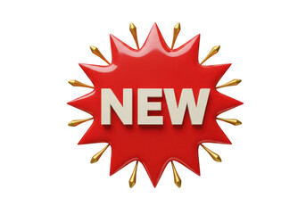 A shiny red starburst tag with the word new in gold letters, isolated on a transparent background