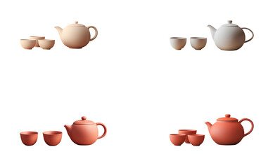 Four Tea Sets Beige White Terracotta Teapots and Cups on Transparent Background teacups