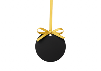 A round black gift tag with a gold ribbon and bow, hanging isolated on a transparent background