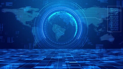 Digital Technology World Map Animation. Glowing Connections World Map News Studio Set Blue Background Blue Sci-Fi Movies Hologram World Map. Looping Paths and Connections in High Technology World Map. - Powered by Adobe