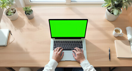 Top view of hands typing on green screen laptop in modern workspace setup