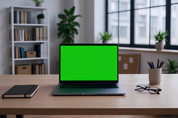Fototapeta premium Modern office desk with laptop, notebook, glasses, and pencils