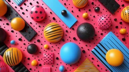 Abstract geometric arrangement. Balls, squares, rectangles in bright pink, yellow, blue, and black