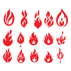 Set of red fire flame silhouette icons in vector style