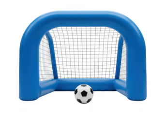 A blue inflatable soccer goal with a soccer ball positioned perfectly in front of the net isolated on transparent background