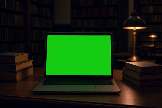 Modern laptop with green screen on desk in library for custom content - Powered by Adobe
