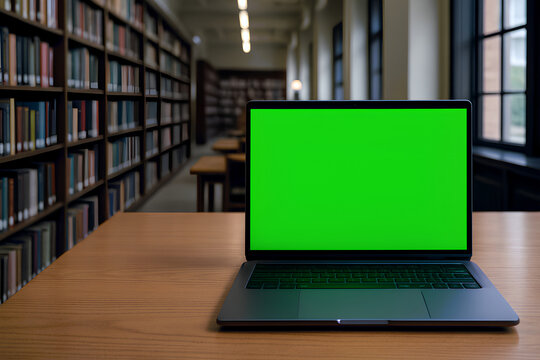 Modern laptop with green screen on desk in library study area