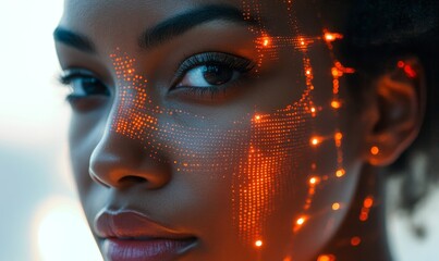 African American female cyber security analyst utilizing AI facial mapping technology for smart security systems, improving data protection, Generative AI