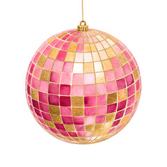Watercolor Pink and Gold Disco Ball Christmas Ornament on Transparent Background