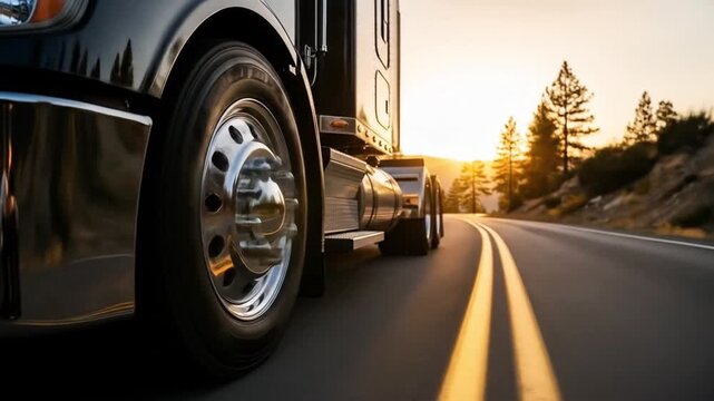 A semitruck is driving on the highway at sunset, showcasing the chrome wheel and the transportation industry