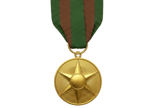 A golden medal with a star emblem and a green and brown striped ribbon, isolated on a transparent background