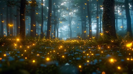 Enchanted forest floor with tiny glowing lights and misty trees in background