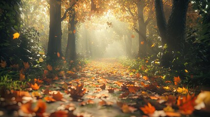 A deep green forest path covered with autumn leaves, with sunlight filtering through the canopy above. The forest path is lined with vibrant autumn leaves, and sunlight filters through the tree