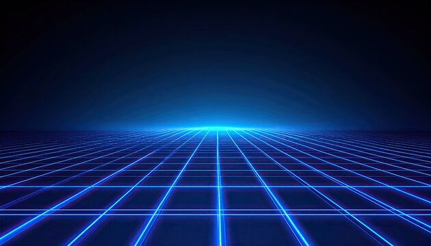 A futuristic grid landscape with glowing blue lines receding into the distance under a dark blue sky.