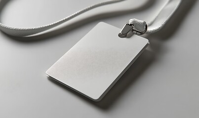 Blank white ID badge mockup with silver lanyard on gray surface

