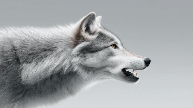 Aggressive white wolf growling and showing teeth from dramatic angle. Profile of fierce, angry animal with its mouth open. wild predator on plain grey background
