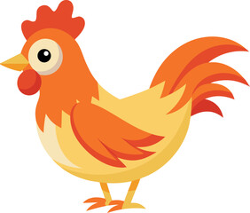 Vector art of a cheerful cartoon rooster with bright orange and yellow plumage is depicted in a side profile, ready to crow