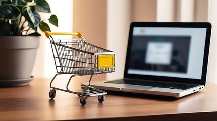 Miniature shopping cart placed on a wooden desk next to a laptop, symbolizing online shopping, e-commerce, digital retail business, and modern consumer buying trends

