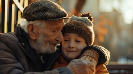 Obraz premium On a park bench, an elderly man gently pinches his grandson's cheek