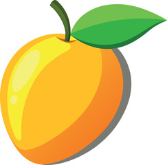 Vector art of a bright, shiny cartoon apple with a green leaf and stem is depicted isolated on a clean white background