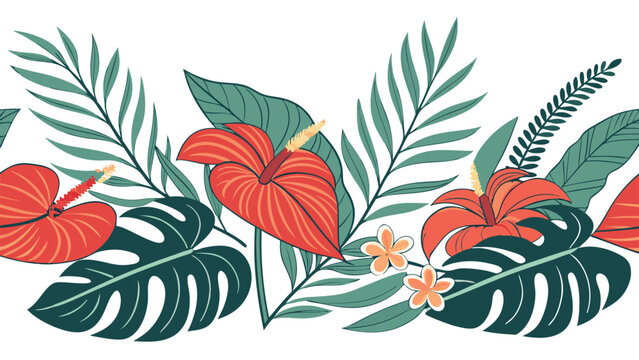 Tropical floral border design featuring vibrant anthurium hibiscus and palm leaves with transparency suitable for a variety of creative projects