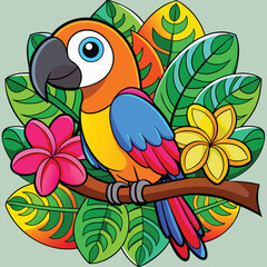 Naklejka premium Vibrant cartoon parrot perched on a branch surrounded by colorful tropical leaves and flowers in a playful and eye-catching design.