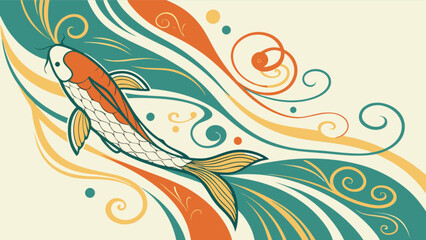 Stylized koi fish swimming amidst swirling currents of teal orange and yellow decorative elements