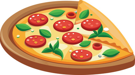 Vector art of a delicious slice of pepperoni pizza with fresh basil leaves and melted cheese, isolated on a white background