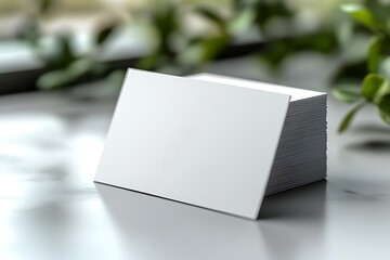Business card mockup on glossy surface with blurred green foliage

