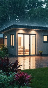 Exterior of modern house with illuminated windows during a heavy rain shower in the evening