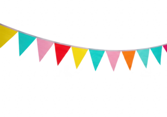 A colorful string of triangular bunting flags hangs against a plain transparent background, ready for a celebration