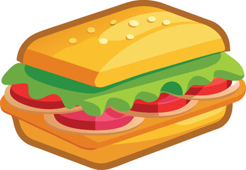 Vector art of a hearty sandwich filled with layers of meat, cheese, lettuce, and tomato, presented on a white background