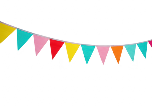 A colorful string of triangular bunting flags hangs against a plain transparent background, ready for a celebration