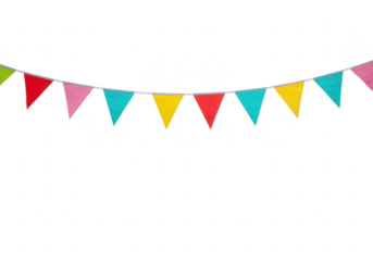 A vibrant string of triangular bunting flags in various colors is displayed against a clean transparent background
