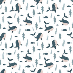 Ocean seamless pattern with cute blue whale, fish and seaweeds. Sea animal vector illustration