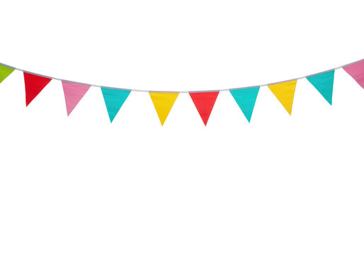 A vibrant string of triangular bunting flags in various colors is displayed against a clean transparent background