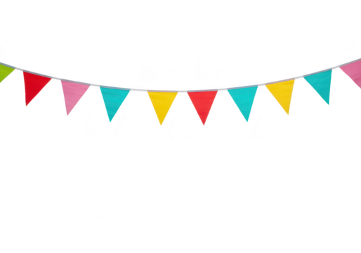 A vibrant string of triangular bunting flags in various colors is displayed against a clean transparent background